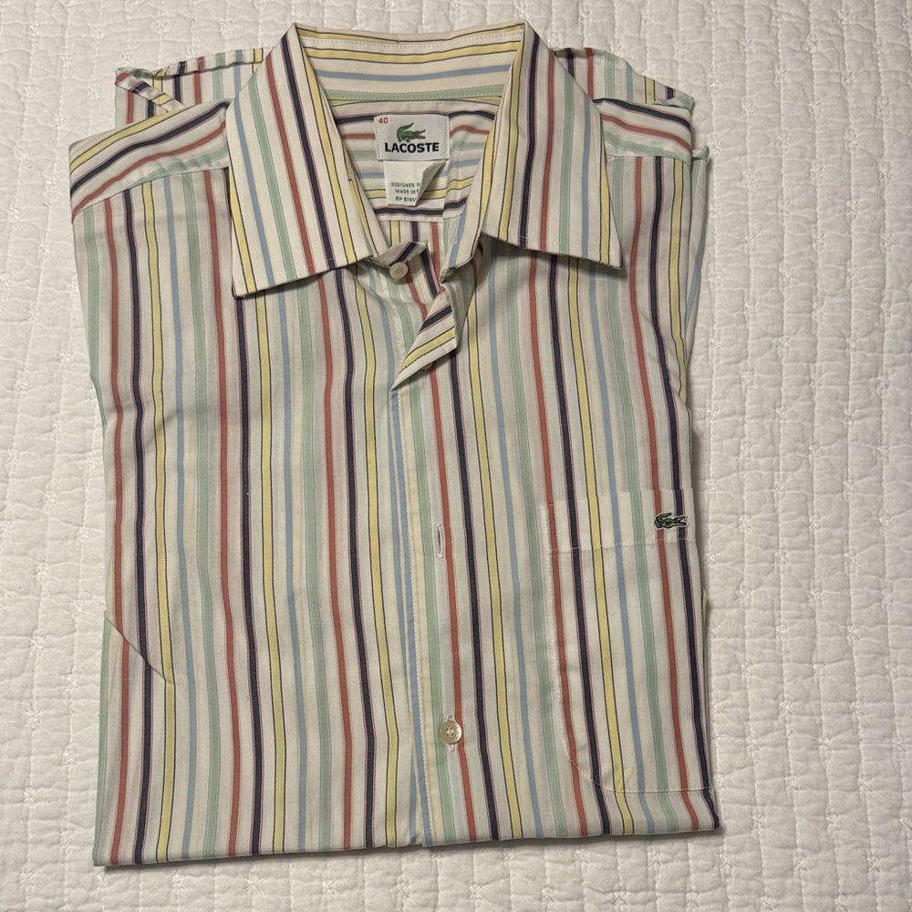 Lacoste Mens Colorful Striped Button Down Shirt Teal Multi Size 40 M Long Sleeve